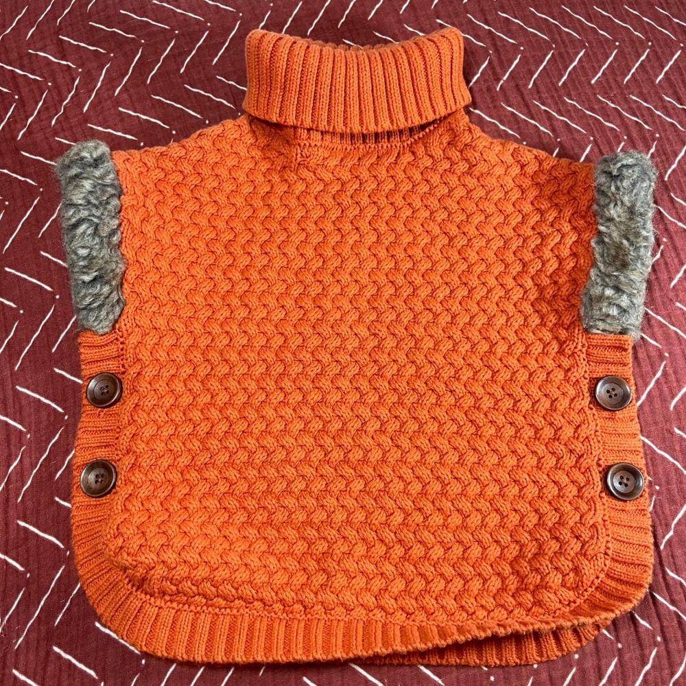 Aspen Kids Orange Knit Turtleneck Poncho Faux Fur Trim Buttons Girls S‎ 5 6